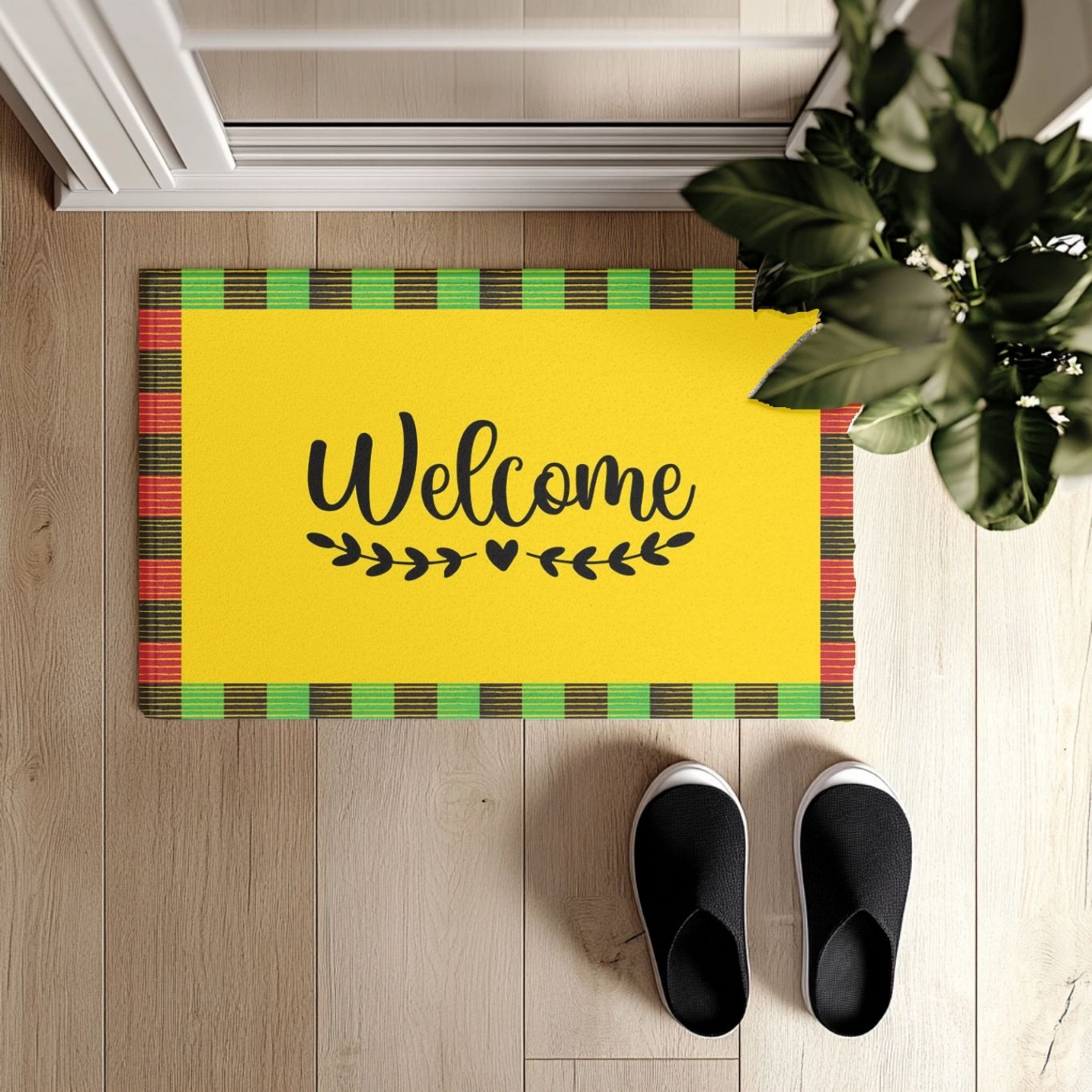 Yellow doormat with 'Welcome' text on a wooden floor, flanked by a plant and shoes.