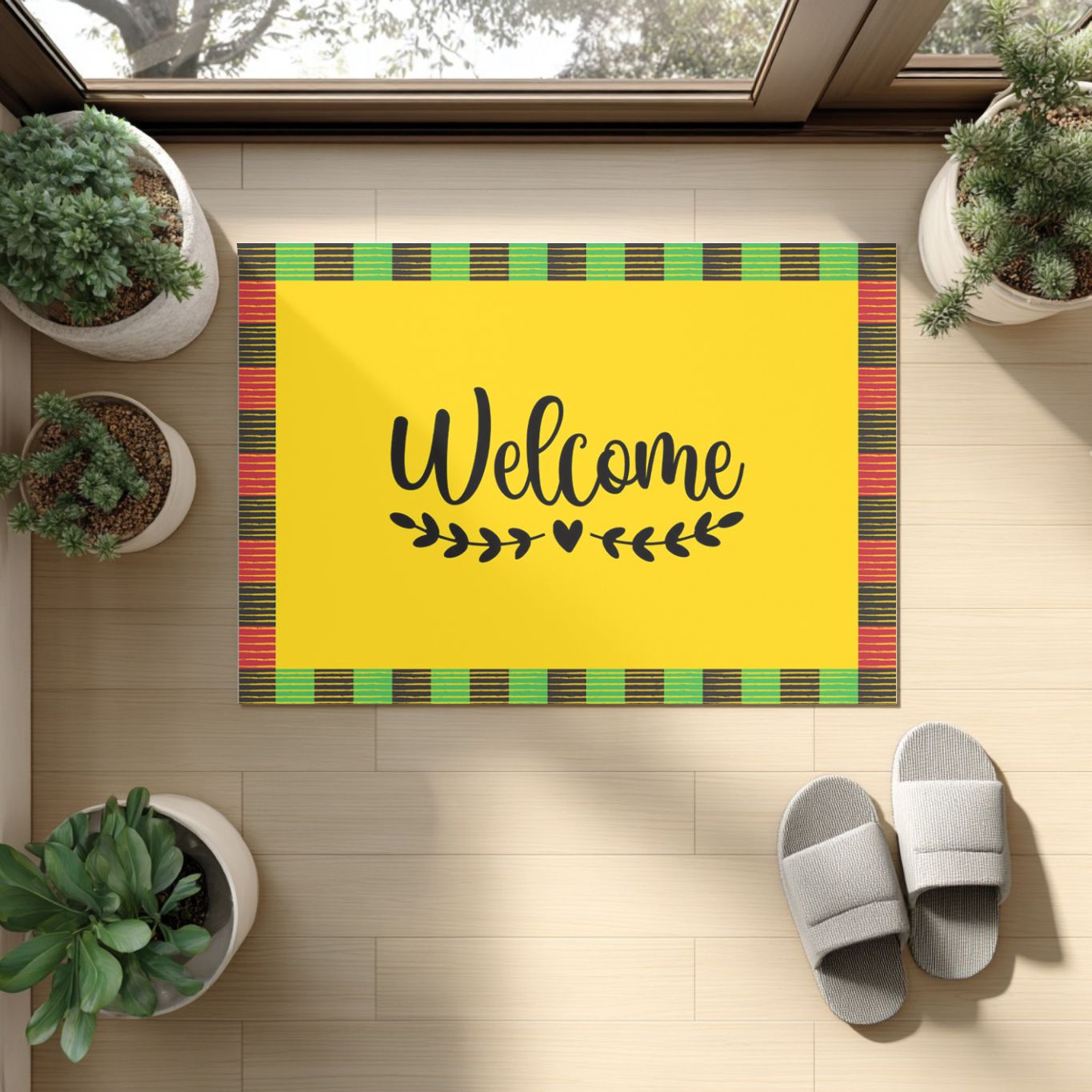 Yellow welcome mat with plaid border on a wooden floor, surrounded by potted plants and slippers.