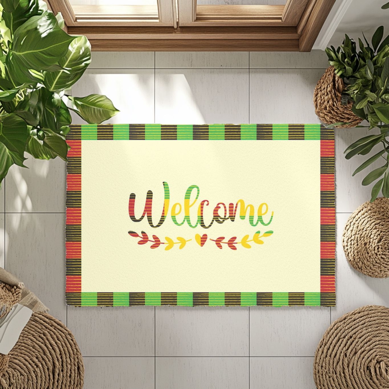 Doormat with 'Welcome' text on a tiled floor with plants around