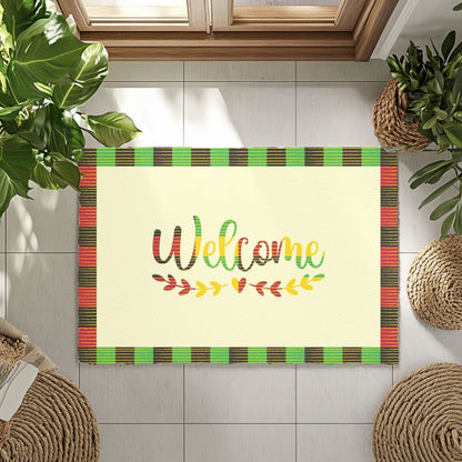 Doormat with 'Welcome' text on a tiled floor with plants around