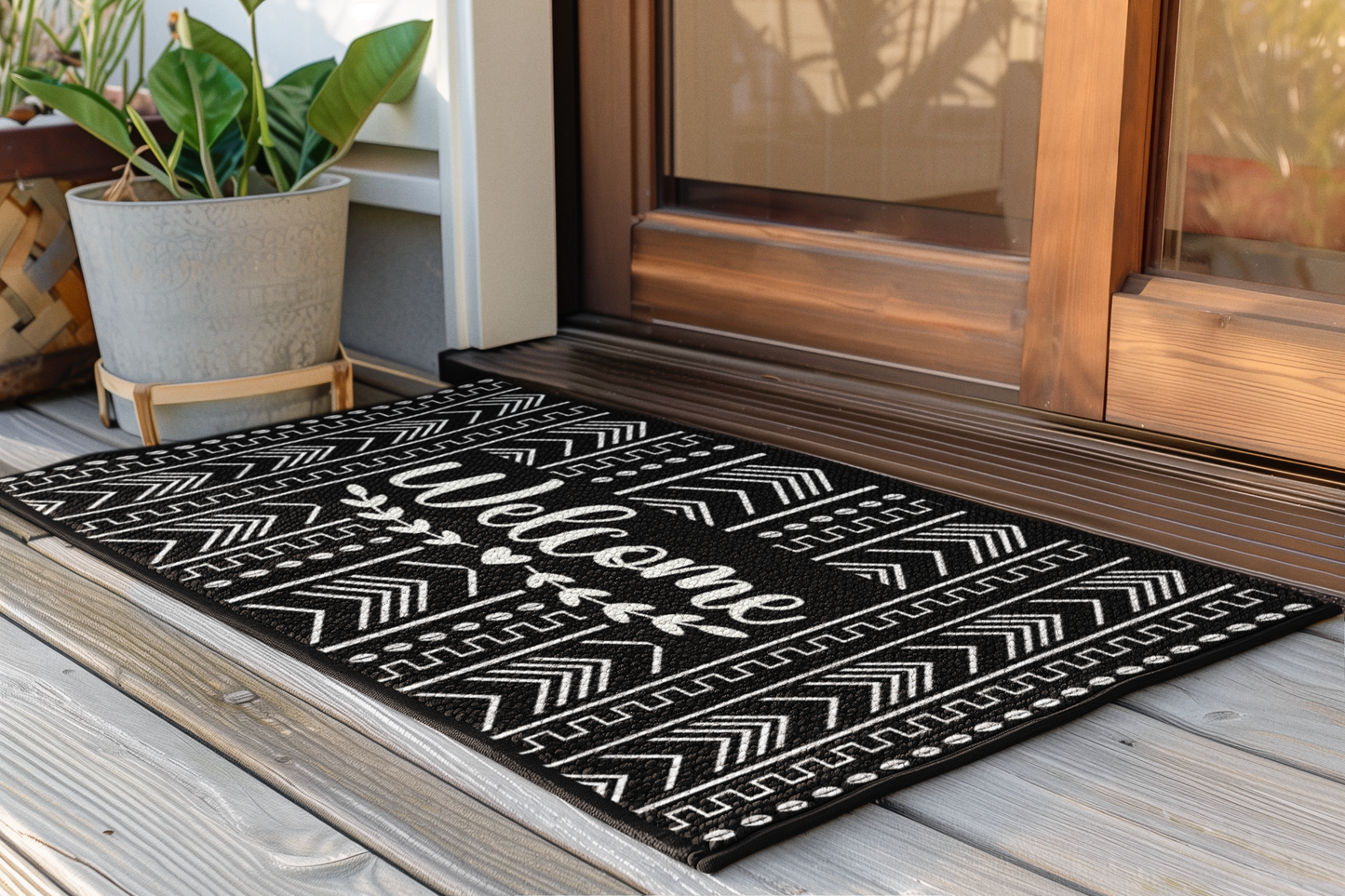 Black doormat with white patterns on a wooden floor next to a glass door.