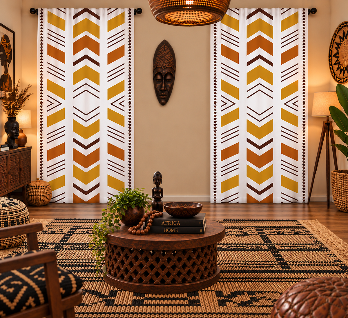A styled living room with two tall patterned curtains featuring vertical chevron and arrow motifs in white, mustard yellow, ochre, and brown. The room includes warm lighting, a woven rug, a round wooden coffee table, decorative masks, and plants.