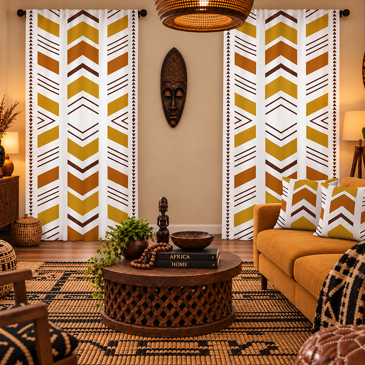A styled living room featuring two tall vertical panels with a bold chevron pattern in mustard yellow, brown, black, and white. The room is decorated with a yellow sofa, patterned pillows, a round wooden coffee table, and a woven rug.