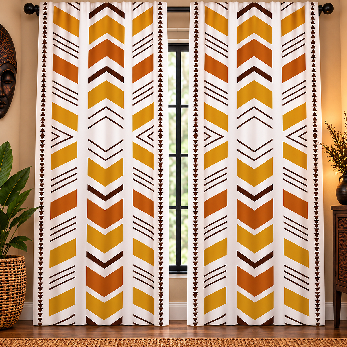 A pair of long window curtains hanging in a room, featuring a bold geometric chevron pattern in mustard yellow, orange, and dark brown on a white background.