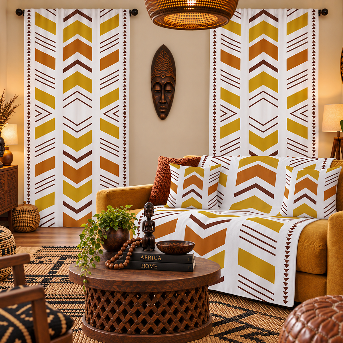 A styled living room featuring a set of white curtains with a bold yellow, brown, and orange chevron pattern. The room is decorated with a mustard yellow sofa, a matching throw blanket, a carved wooden coffee table, and warm ambient lighting.