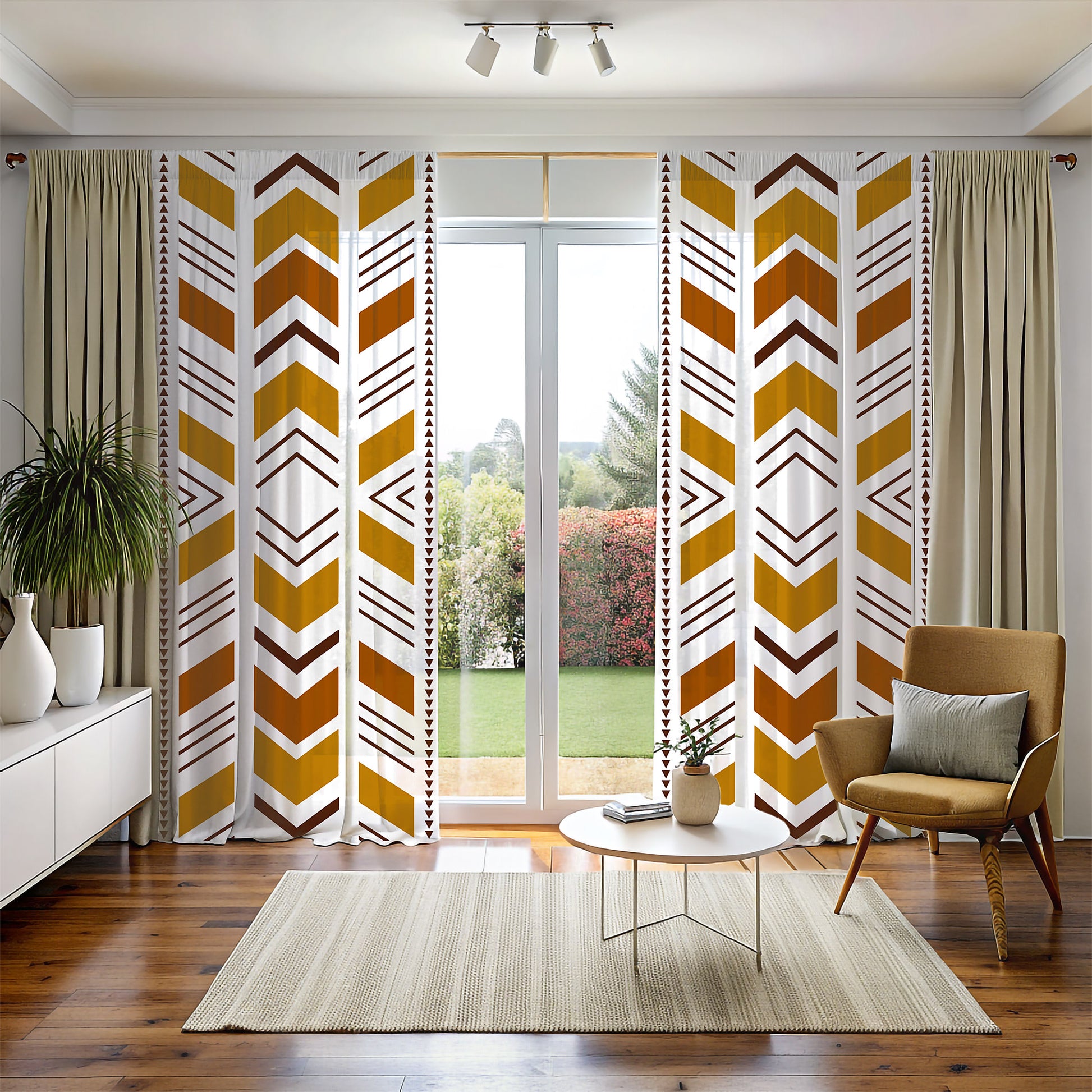 A room with Bogolan Mudcloth Blackout Window Curtains featuring a geometric tribal pattern in black, white, and yellow. The curtains are hanging in a window with a chair and decorative items in the foreground.