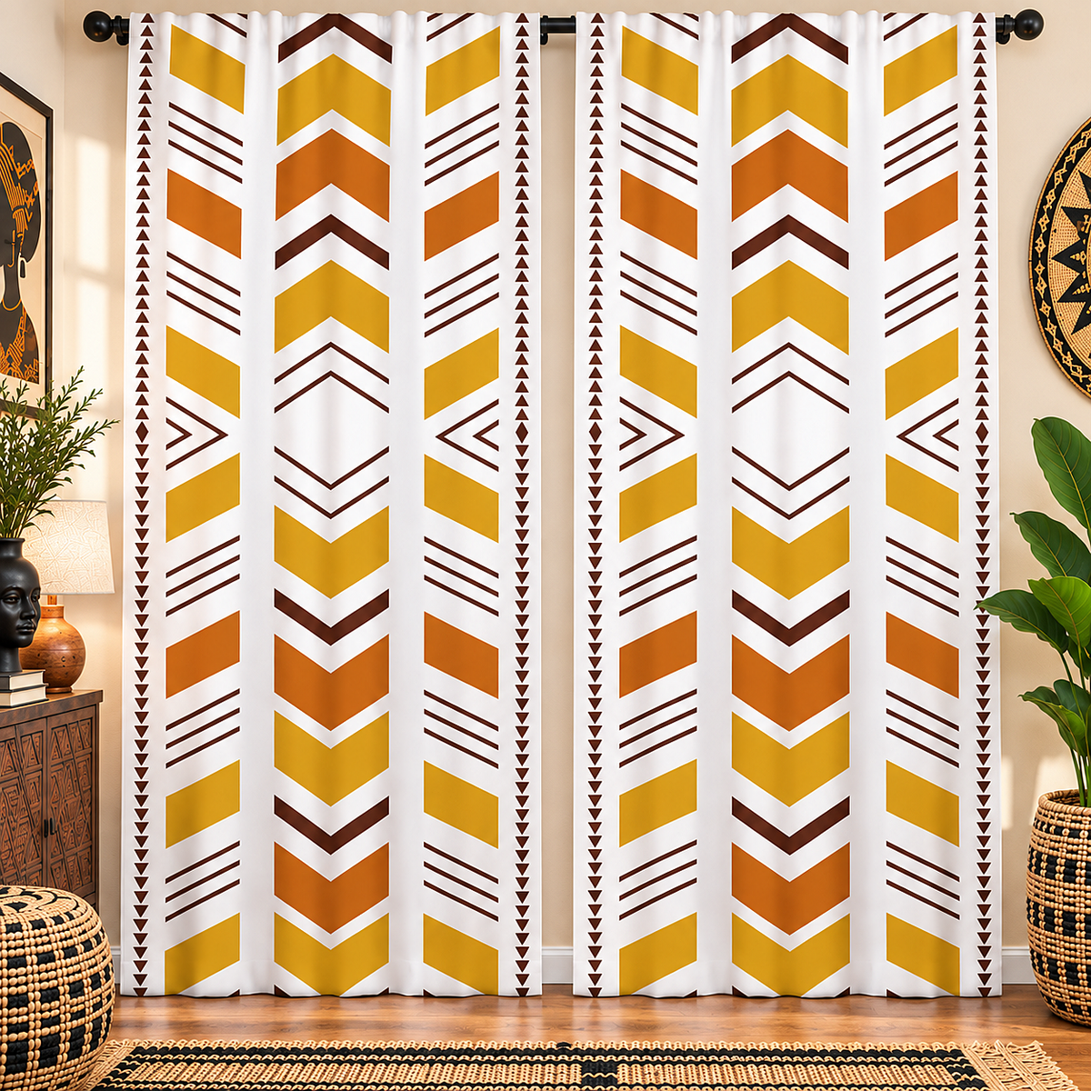A pair of long curtain panels hanging in a styled room. The curtains have a bold geometric pattern of vertical chevron stripes in yellow, orange, and brown on a white background.