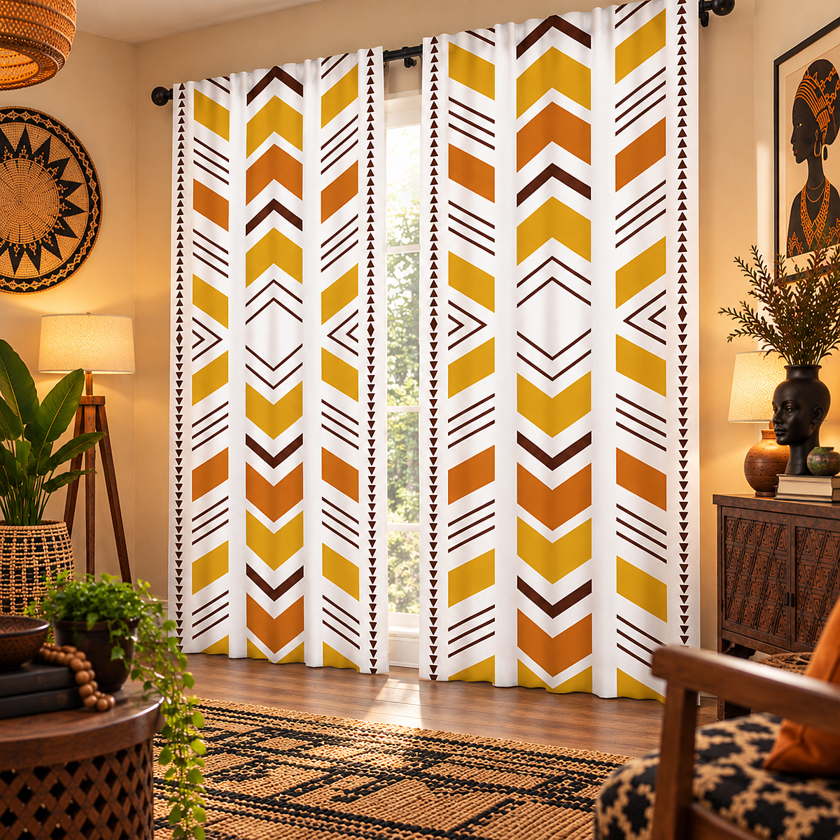 A pair of floor-length window curtains with a bold geometric chevron pattern in yellow, orange, brown, and white, styled in a warm, modern living room setting.