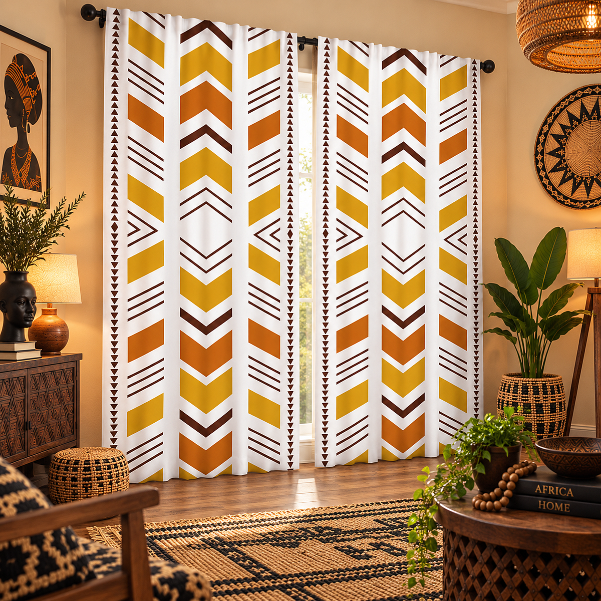 A pair of white window curtains with a bold geometric chevron pattern in mustard yellow, orange, and dark brown, hanging in a styled living room setting.