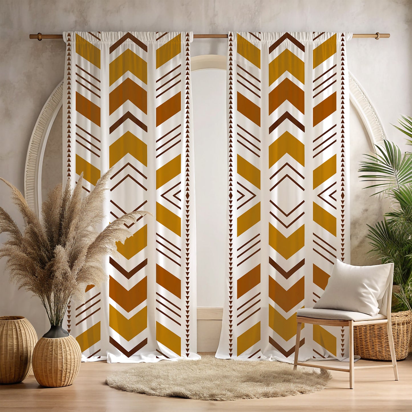 A room with Bogolan Mudcloth Blackout Window Curtains featuring a geometric tribal pattern in black, white, and yellow. The curtains are hanging in a window with a chair and decorative items in the foreground.