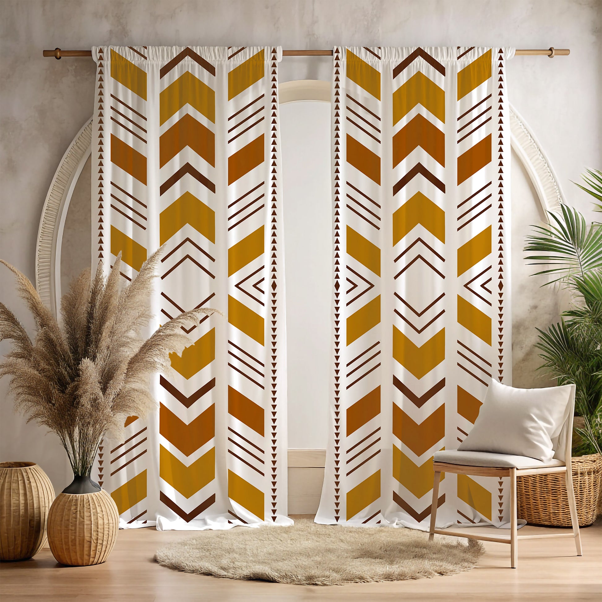 A room with Bogolan Mudcloth Blackout Window Curtains featuring a geometric tribal pattern in black, white, and yellow. The curtains are hanging in a window with a chair and decorative items in the foreground.