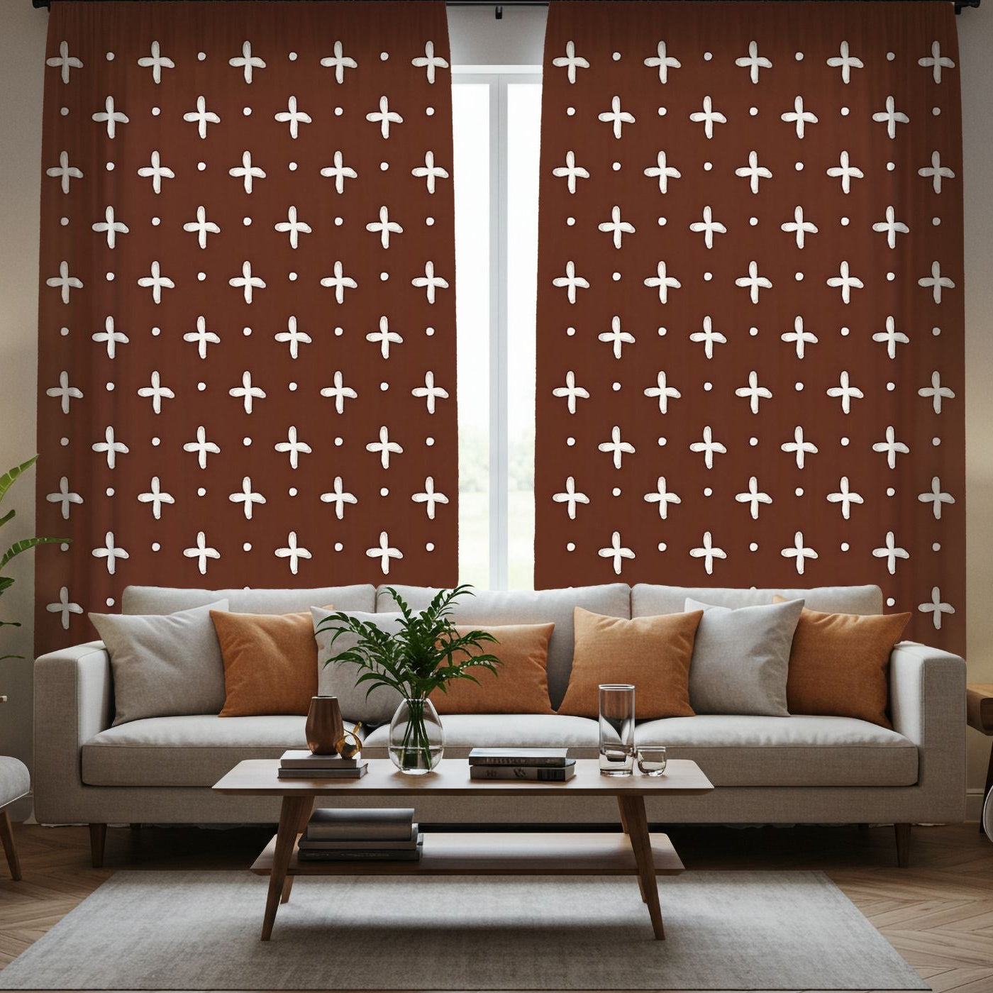 Living room with a patterned curtain, sofa, and coffee table.