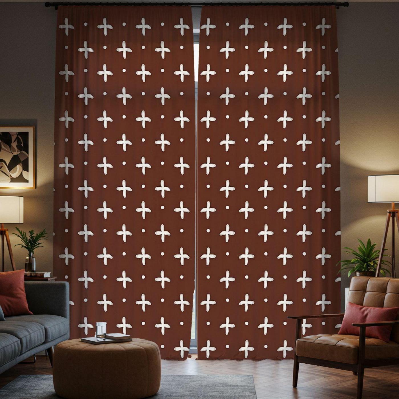 Patterned curtains in a living room setting with furniture and decor.