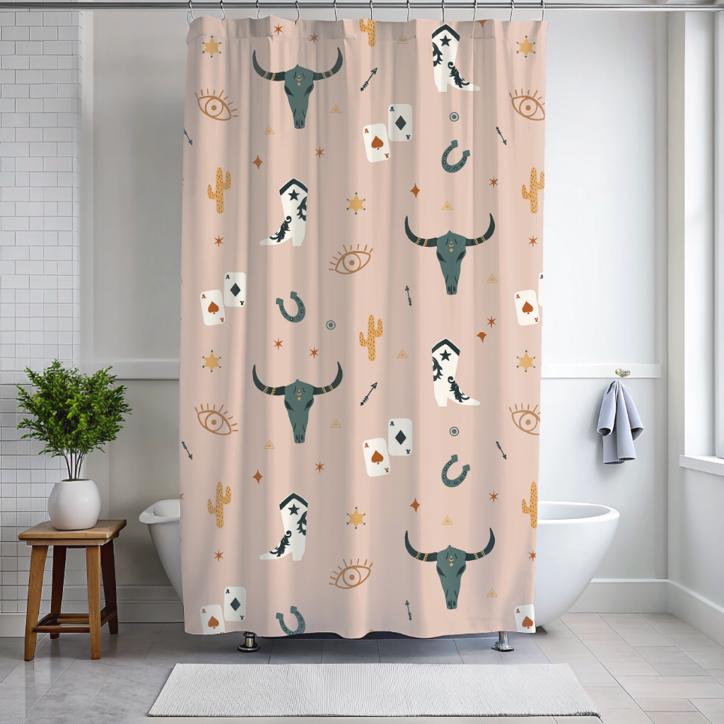 Shower curtain with cowboy-themed design in a bathroom setting