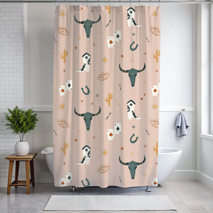 Shower curtain with cowboy-themed design in a bathroom setting