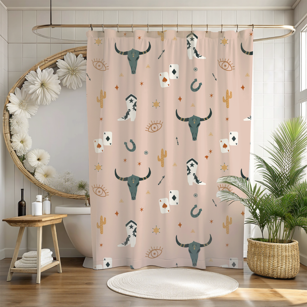 Shower curtain with bull skull and cactus pattern in a bathroom setting