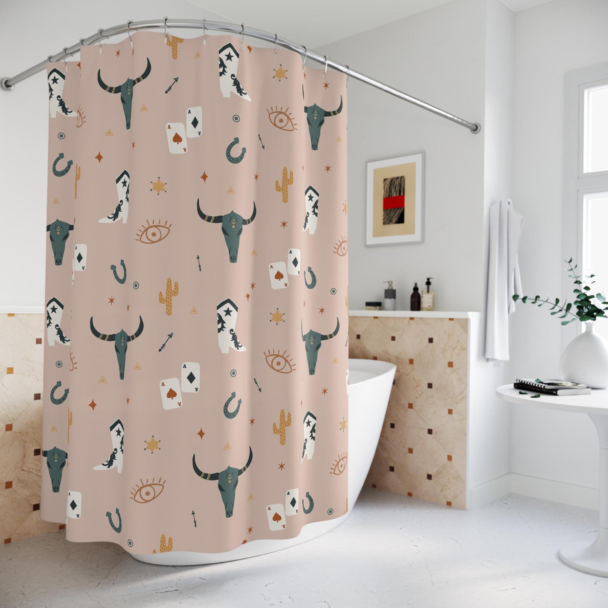 Shower curtain with cowboy-themed design in a bathroom setting
