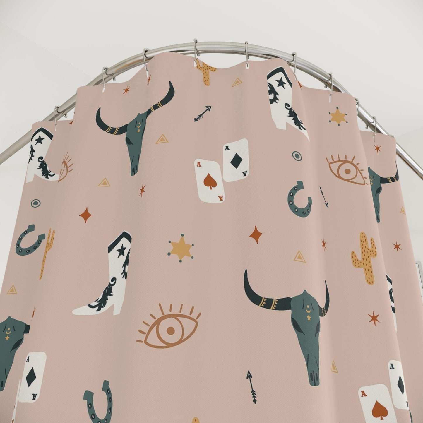 Shower Curtain with cowboy-themed patterns on a pink background