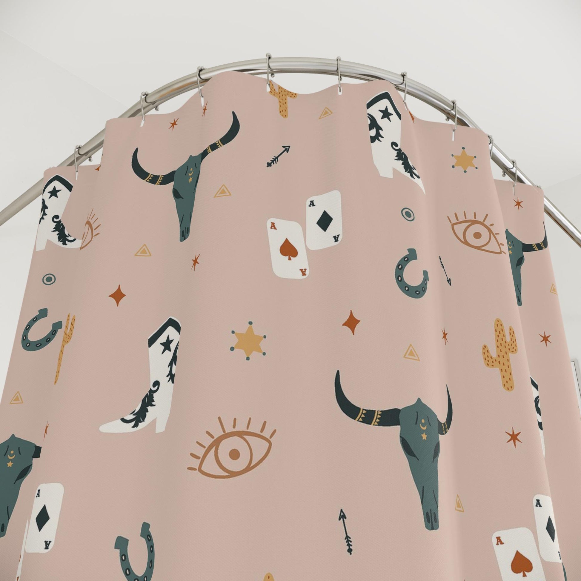 Shower Curtain with cowboy-themed patterns on a pink background