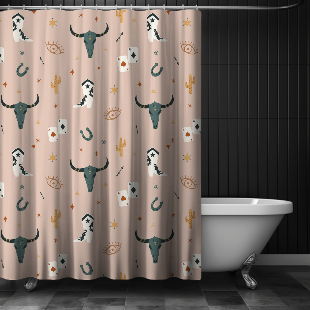 Shower curtain with western-themed design in a bathroom setting