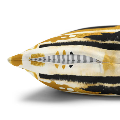 Close-up of a decorative pillow with a tiger stripe pattern on a white background