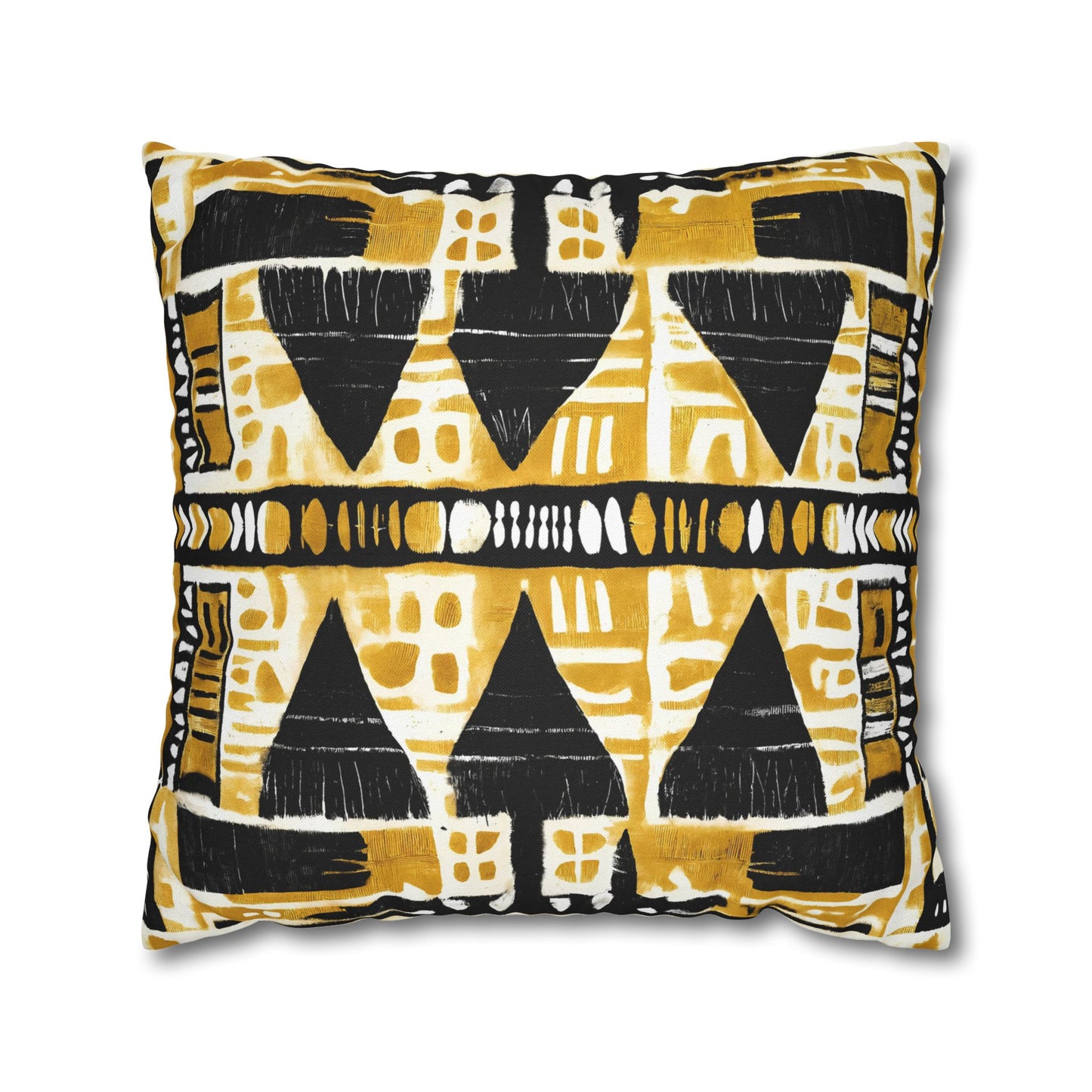 Decorative pillow with black and yellow geometric pattern on a white background