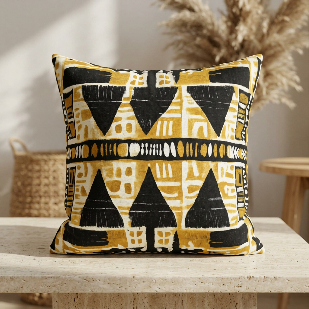 Decorative pillow with geometric pattern on a wooden surface