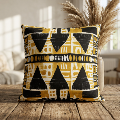 Decorative pillow with geometric pattern on a wooden surface