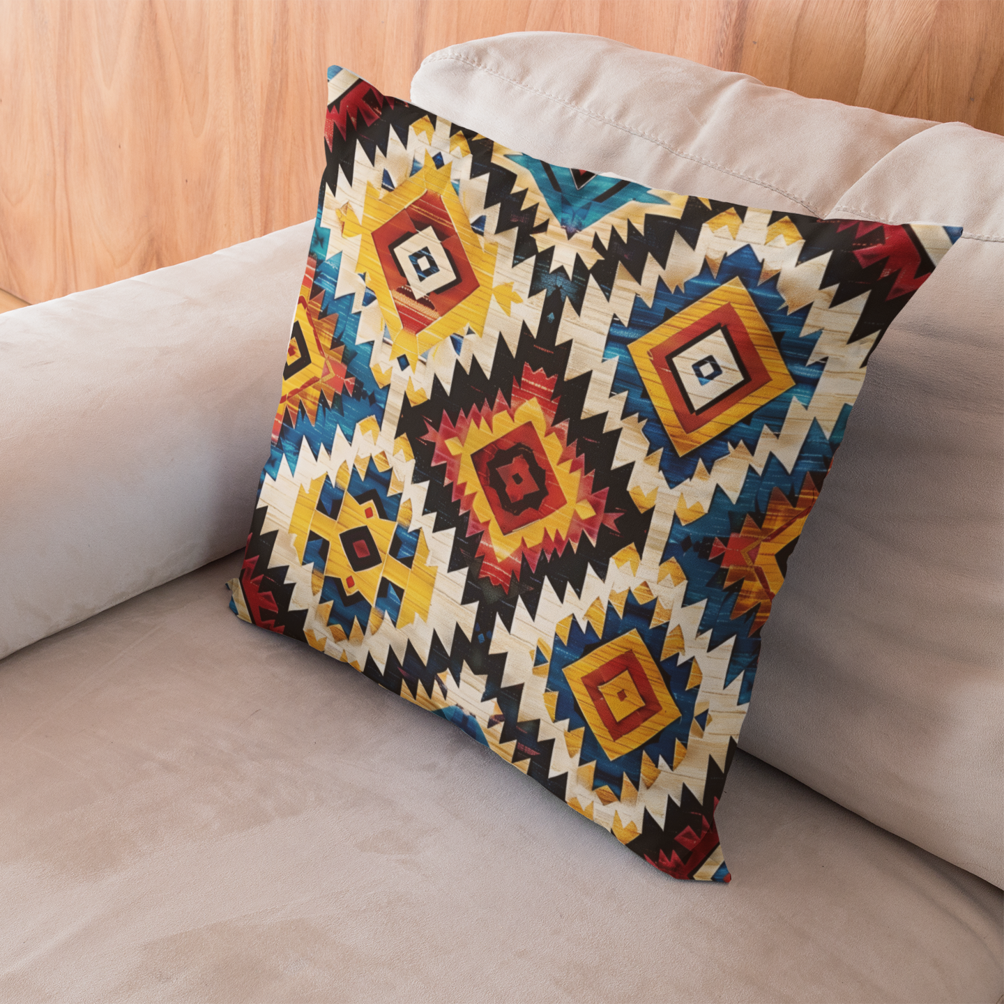 Decorative pillow with geometric pattern on a beige sofa