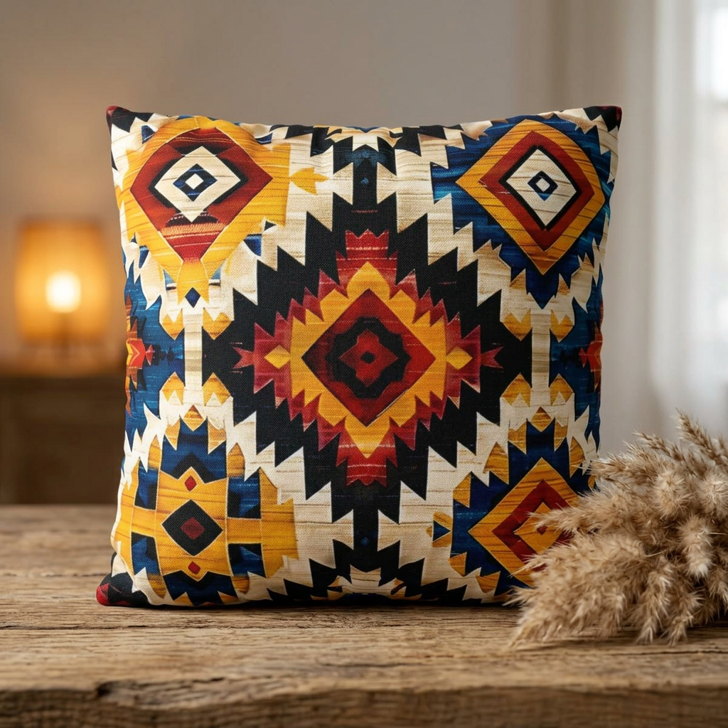 Decorative pillow with geometric pattern on a wooden surface