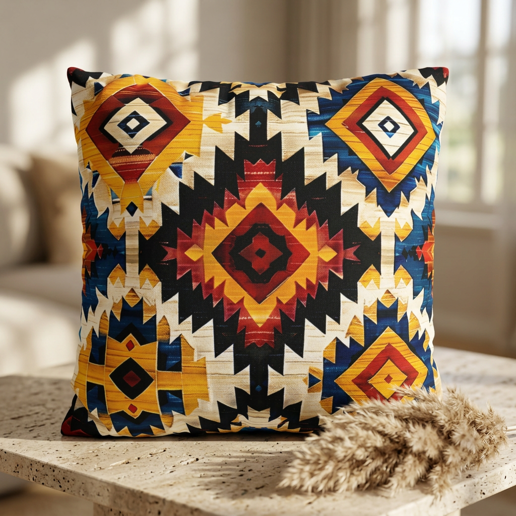Decorative pillow with geometric pattern on a stone surface