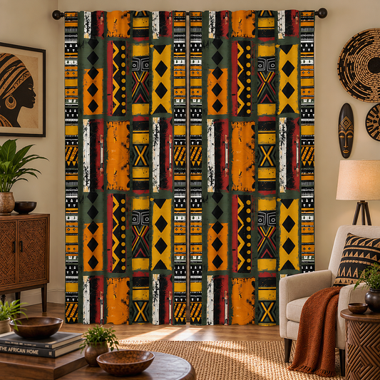 A set of window curtains featuring a bold, vertical African-inspired tribal pattern in yellow, black, red, and dark green, styled in a warm, modern living room setting.
