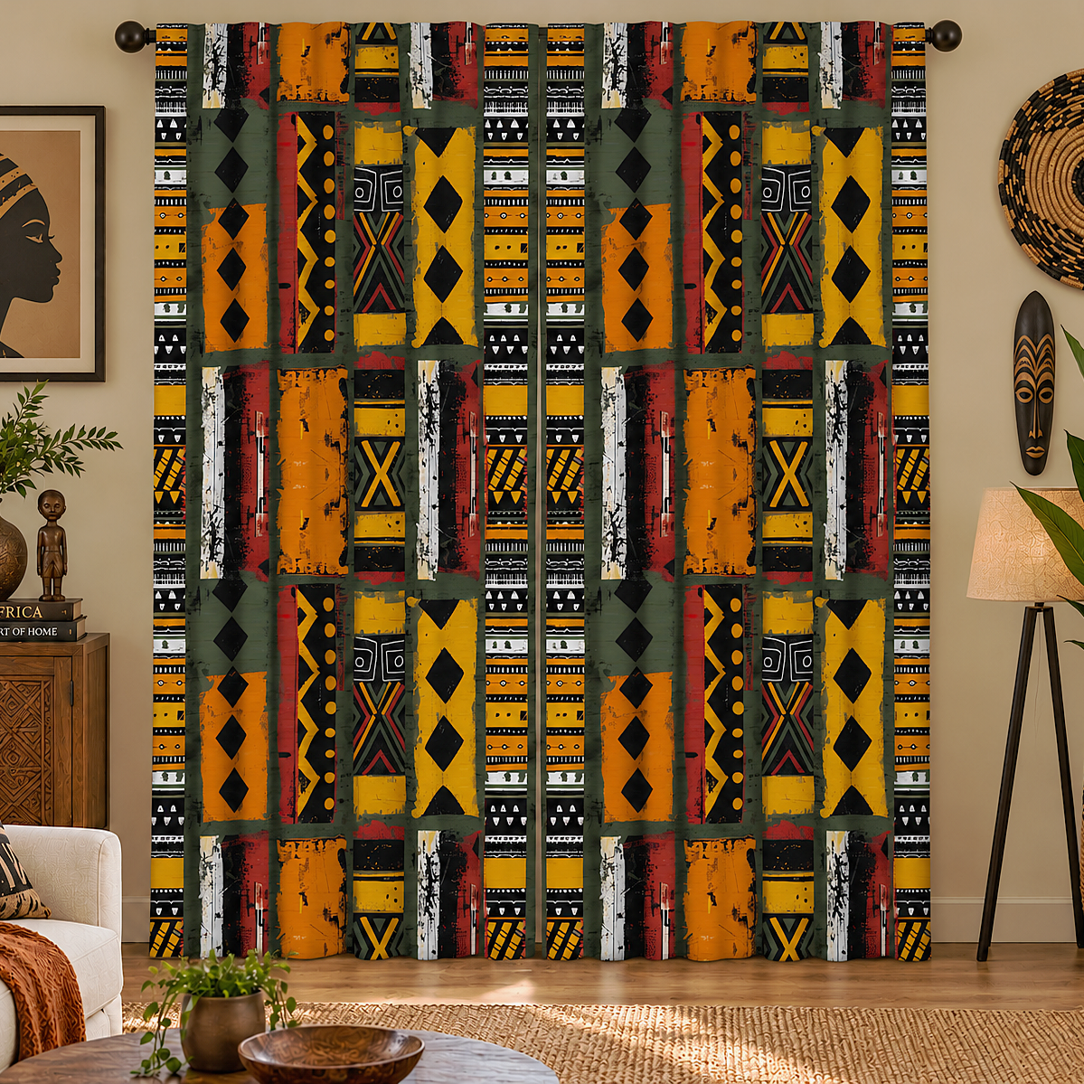 A set of window curtains featuring a bold, multi-colored African-inspired geometric pattern with yellow, orange, black, red, and green blocks, styled in a warm, modern living room setting.