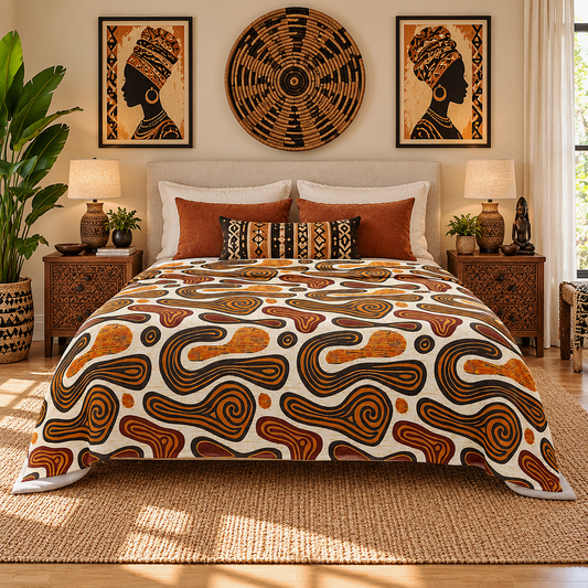 A bed dressed in a cream comforter with bold retro swirl patterns in rust orange, black, and brown, styled in a warm, modern bedroom with matching decorative pillows, nightstands, lamps, and wall art.