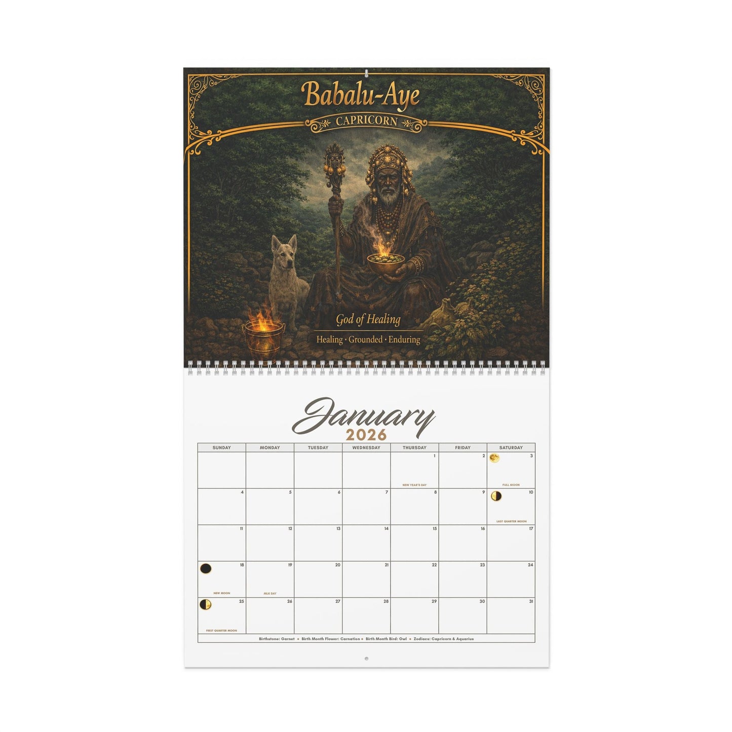 African Orishas Zodiac and Moon Phases 2026 Wall Calendar - SANKTUARI DECOR