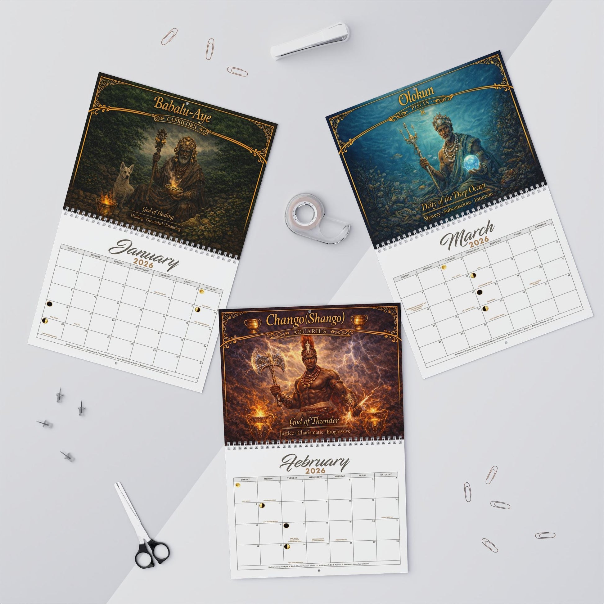 African Orishas Zodiac and Moon Phases 2026 Wall Calendar - SANKTUARI DECOR