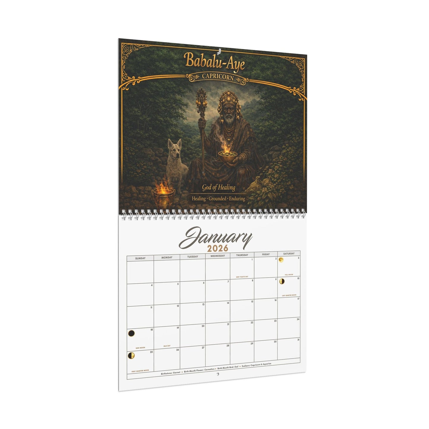 African Orishas Zodiac and Moon Phases 2026 Wall Calendar - SANKTUARI DECOR