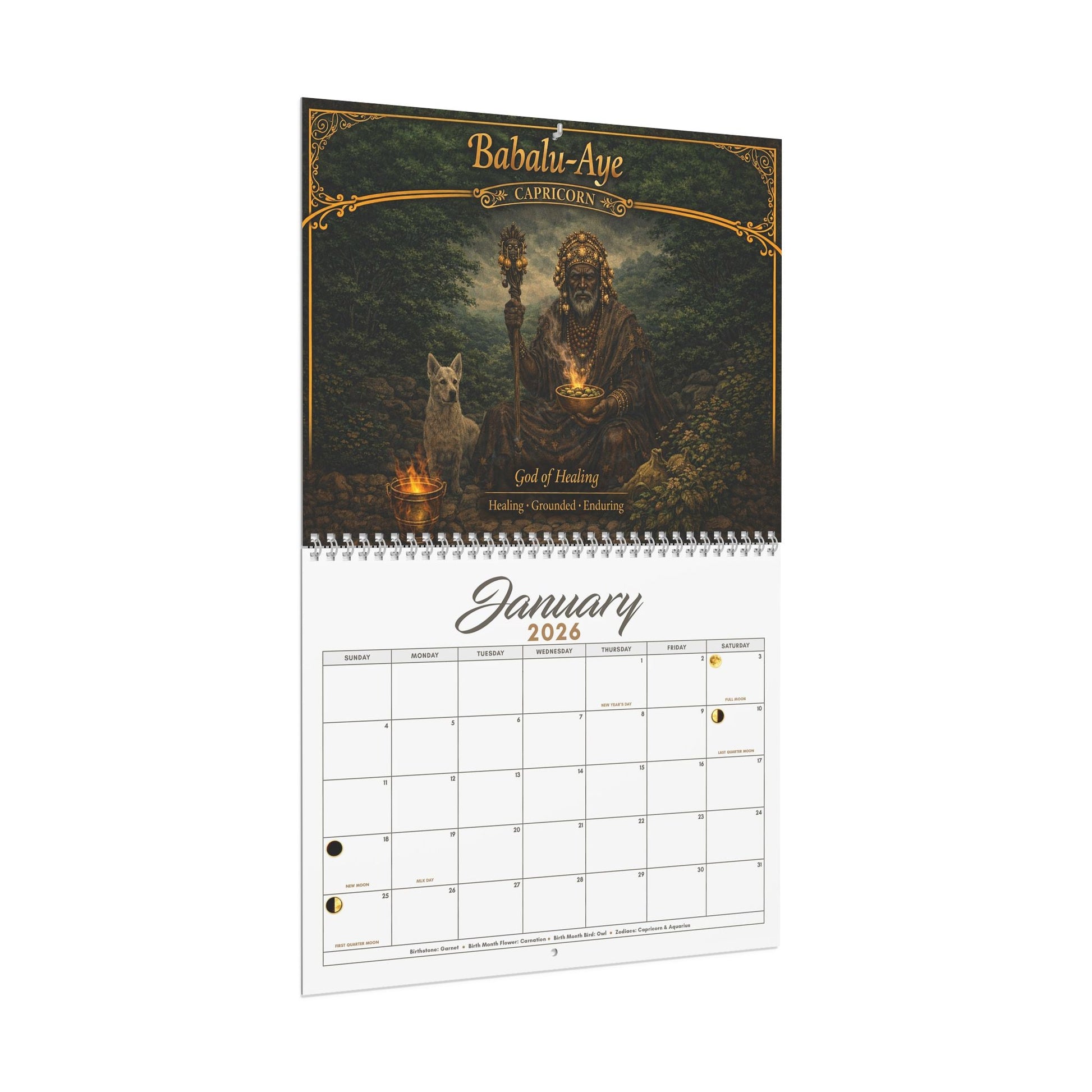 African Orishas Zodiac and Moon Phases 2026 Wall Calendar - SANKTUARI DECOR