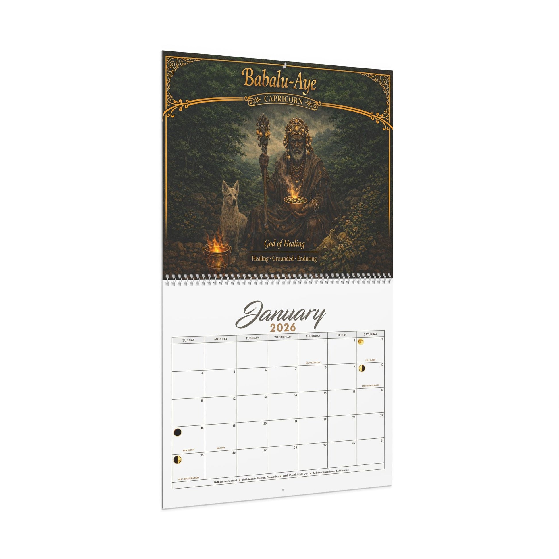 African Orishas Zodiac and Moon Phases 2026 Wall Calendar - SANKTUARI DECOR