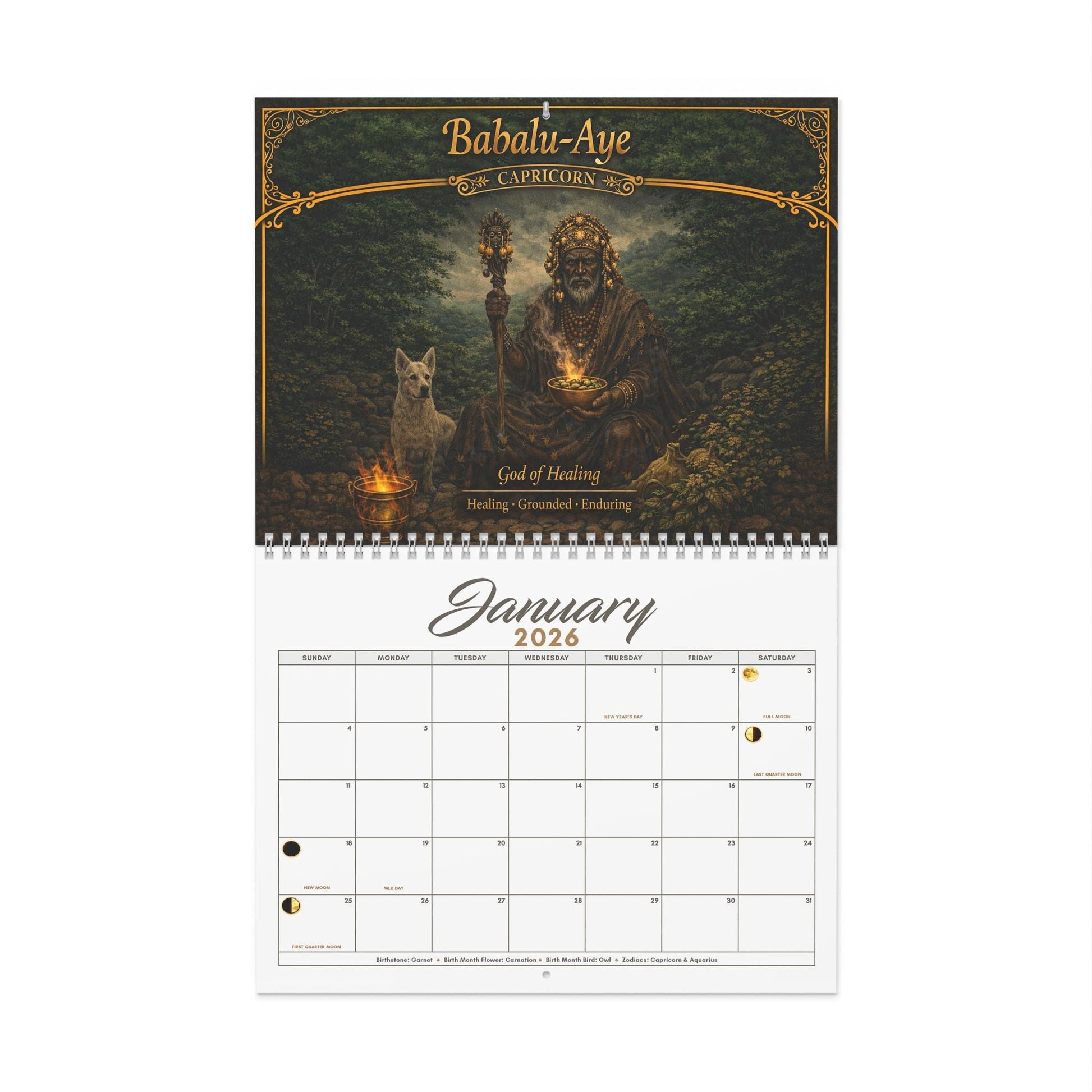 African Orishas Zodiac and Moon Phases 2026 Wall Calendar - SANKTUARI DECOR