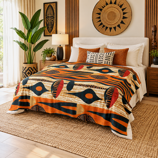 A bed dressed in a bold orange, black, and beige patterned comforter or duvet, styled in a warm, modern bedroom with wood accents, plants, and decorative pillows.