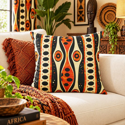 A square throw pillow with a bold African-inspired geometric pattern in orange, black, and cream, styled on a beige sofa next to a rust-colored fringed pillow in a decorated living room.