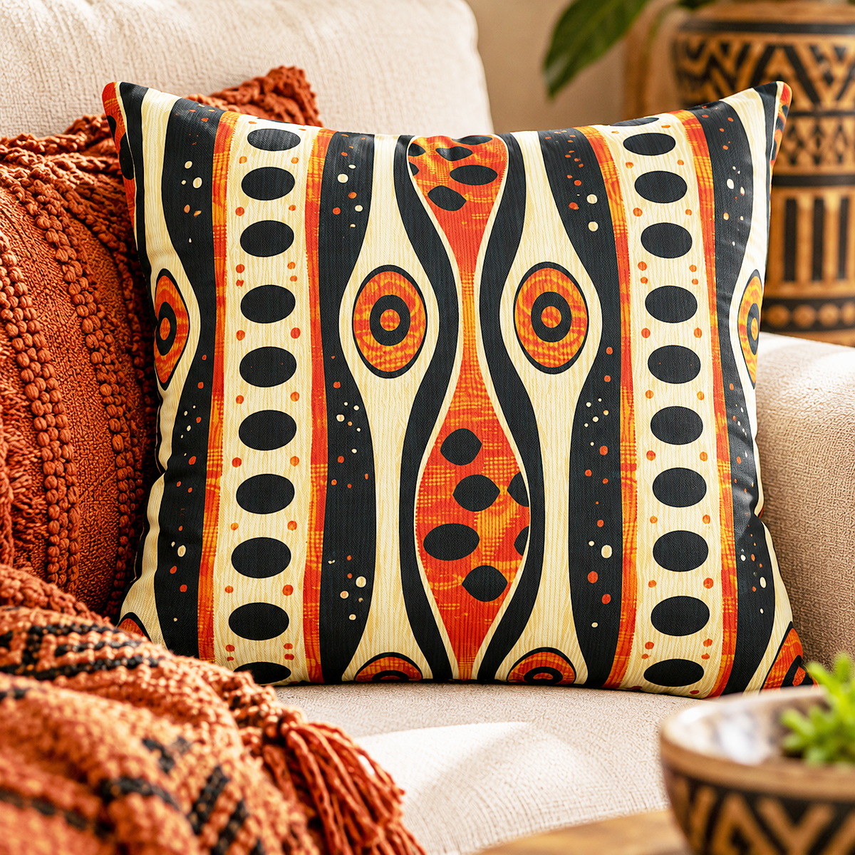 A square decorative throw pillow with an abstract tribal-style pattern in black, orange, and cream, styled on a beige sofa next to a rust-orange knit blanket.
