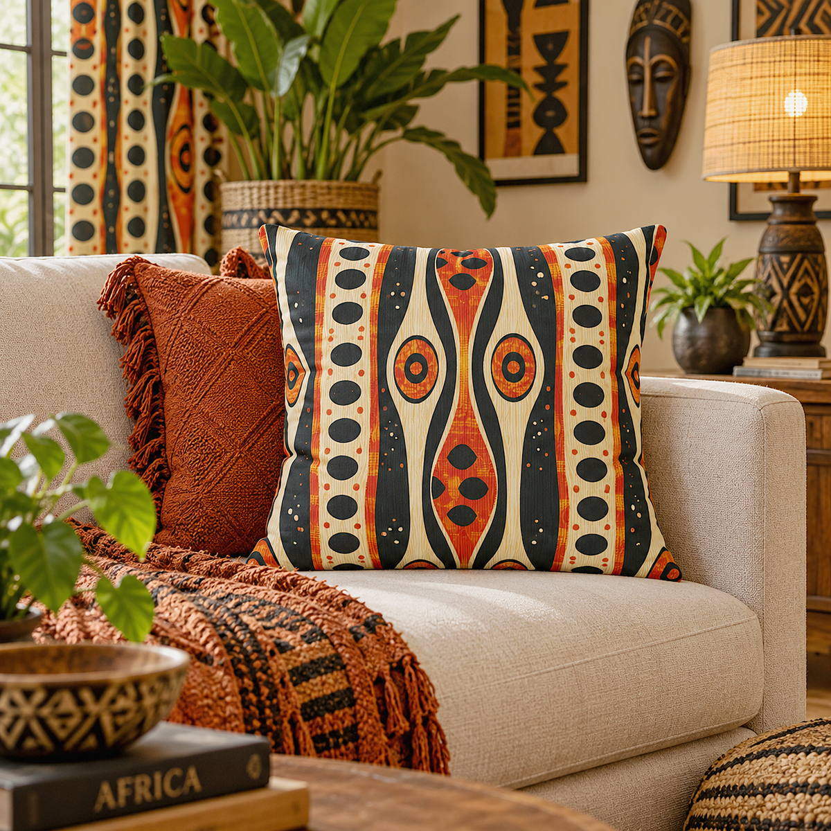 A decorative throw pillow with a bold geometric tribal pattern in orange, navy, and cream, styled on a beige sofa in a warm, decorated living room.