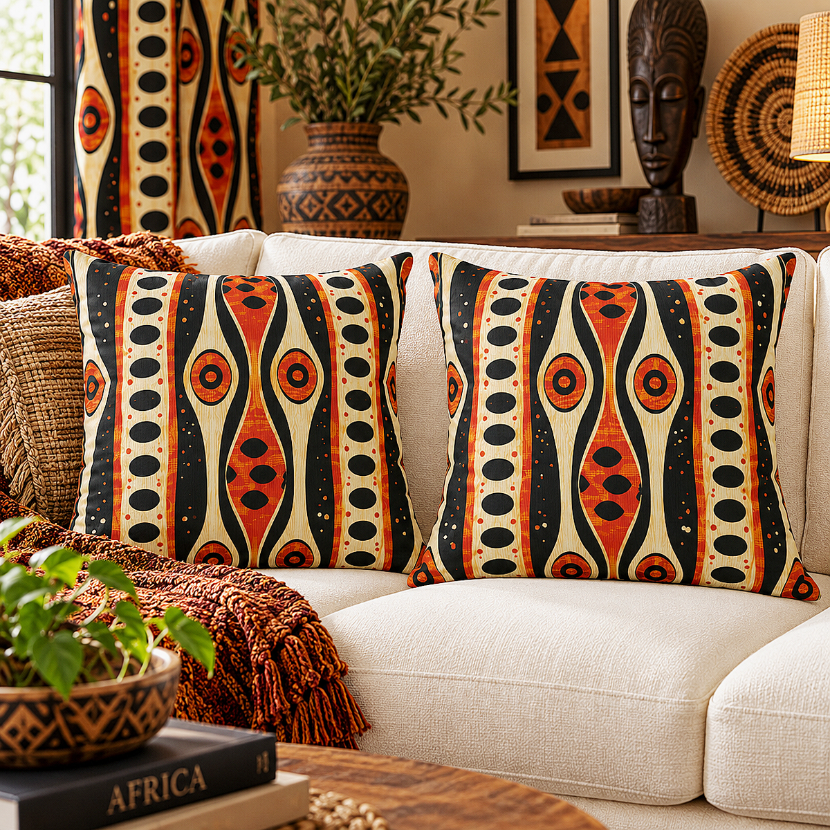 Two square throw pillows with a bold African-inspired geometric pattern in orange, black, and cream, styled on a white sofa in a warm, decorated living room.