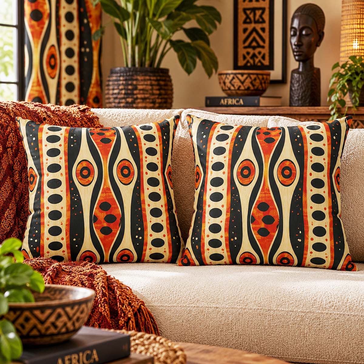 Two square throw pillows with a bold African tribal pattern in orange, black, and cream, styled on a beige sofa in a warm, decorated living room.