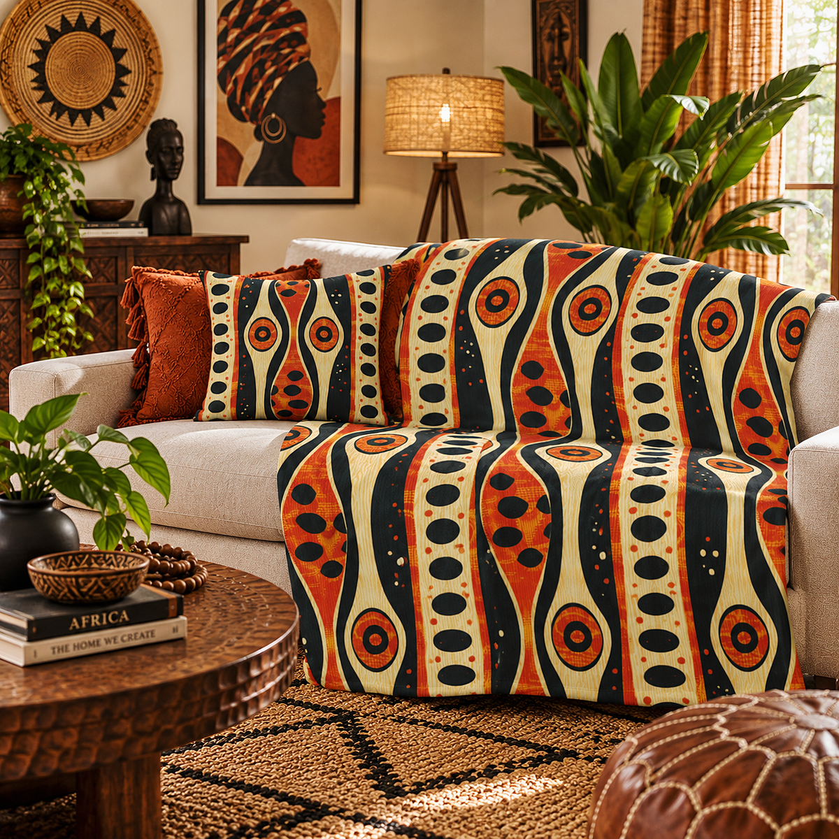 A cozy living room scene featuring a white sofa styled with a vibrant, multicolor patterned throw blanket and matching pillows. The bold pattern features vertical wavy stripes in orange, cream, black, and dark teal.