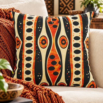 A square decorative throw pillow with a bold vertical tribal-style pattern in orange, black, and cream, styled on a beige sofa with a rust-orange knit blanket.