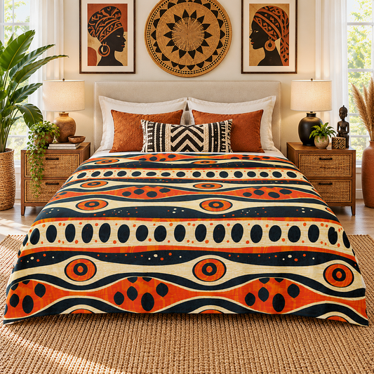 A styled bedroom scene showing a bed made with a bold geometric patterned comforter. The bedding features orange, black, and cream tribal-inspired stripes and circles.