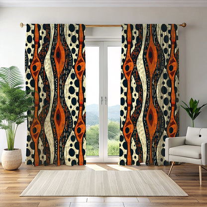 A set of African tribal print window curtains in an interior setting, featuring geometric patterns in beige, black, and orange.